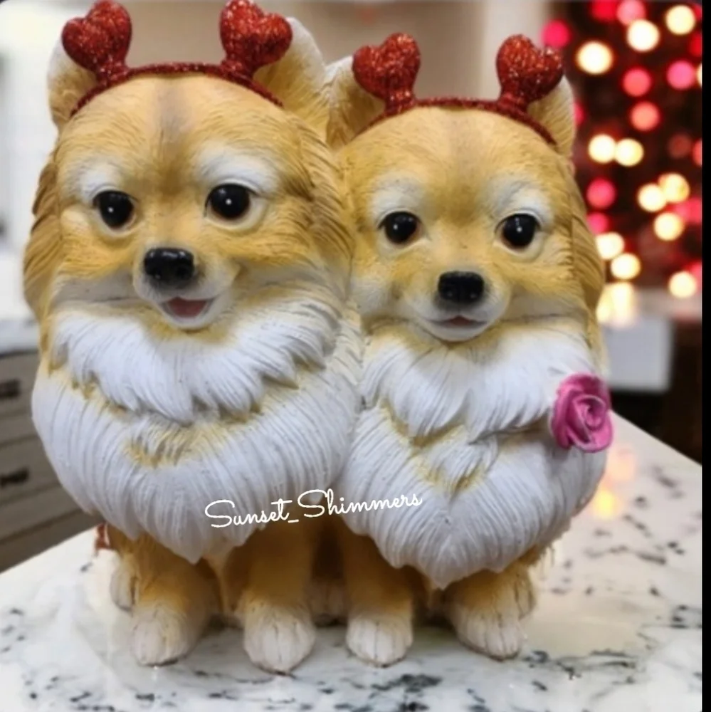 Valentines Pomeranian Pom Dogs Hearts & Rose Resin Figure Statue Decor